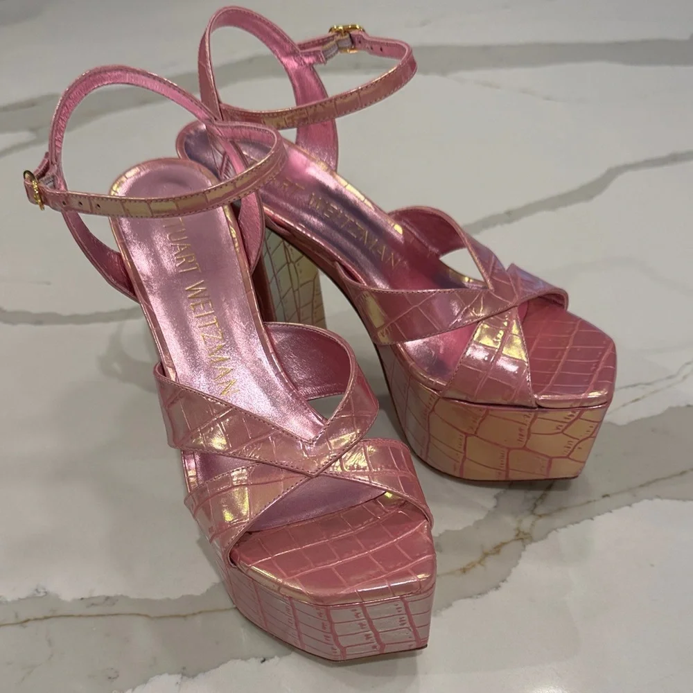 Stuart Weitzman Miami Crisscross Ankle-Strap Platform Sandals in Cotton Candy